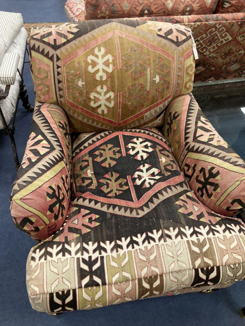 A pair of George Smith kelim upholstered club armchairs, width 80cm depth 110cm height 82cm